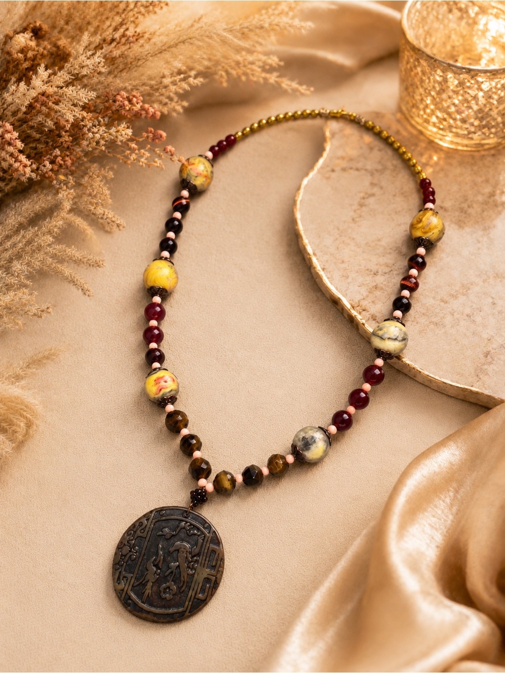 Handcrafted  Yellow Jade, Coral, Tigers Eye, pearl, carnelian, Carved  Pendant. - Picture 5 of 8
